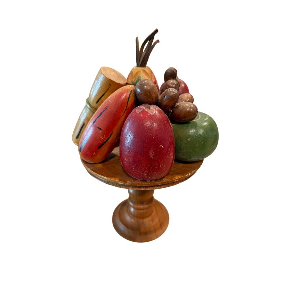 Vintage Hand-Carved Wooden Fruit Set on Turned Wood Pedestal Compote Stand